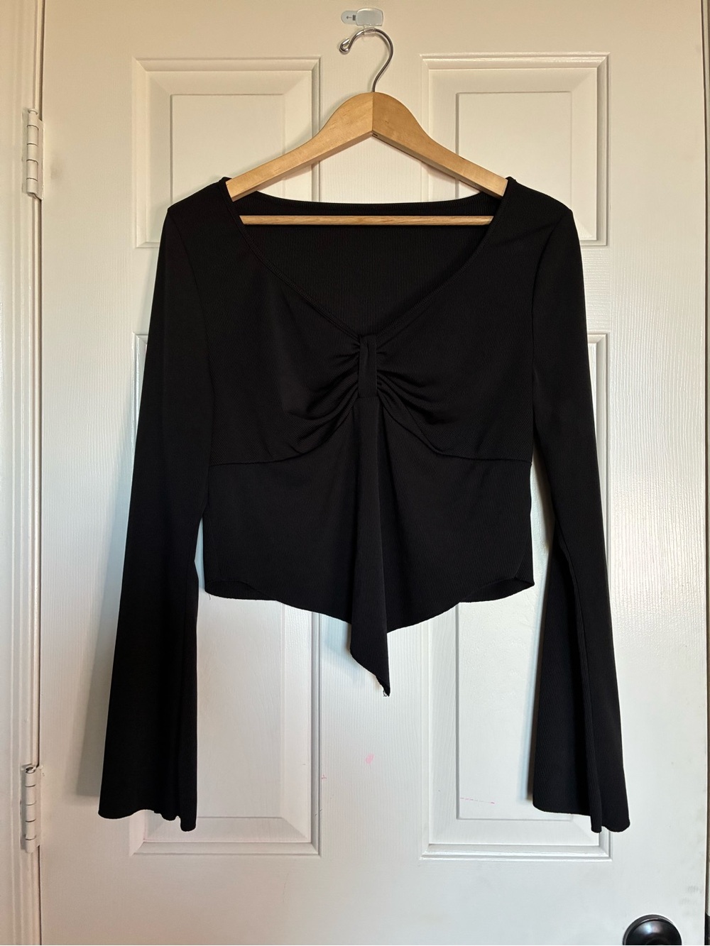 SHEIN Black Long Sleeve Ruched Tie Front Top